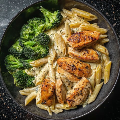 A bowl of pasta with chicken and broccoli.