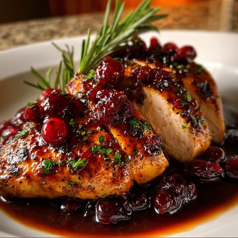 A plate of chicken with a sprig of rosemary on top.