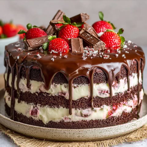 A chocolate cake with strawberries and chocolate drizzle.