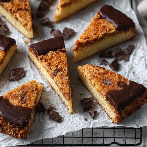 A piece of cake with chocolate on top.