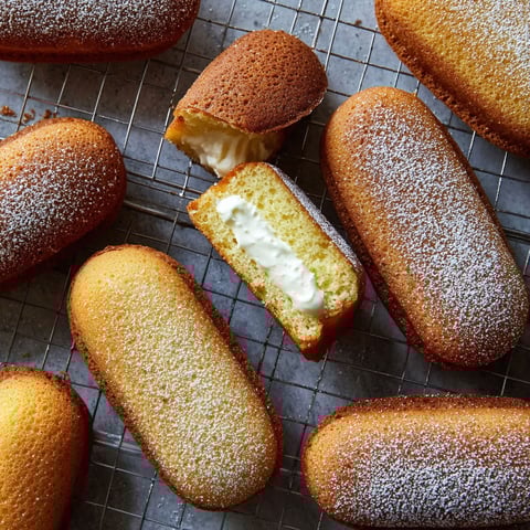 A close up of a twinkie with a bite taken out of it.