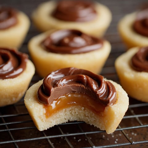 A cookie with chocolate and caramel topping.