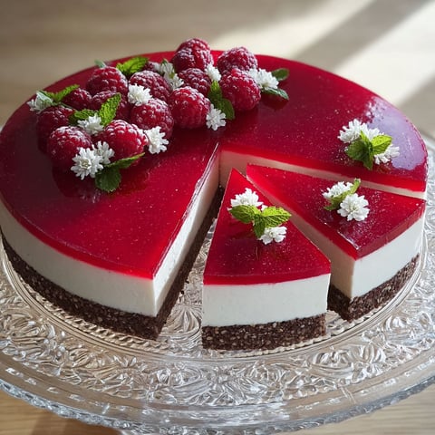 A slice of a red cake with raspberries and mint on top.