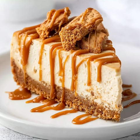 A slice of no-bake biscoff käsekuchen with caramel drizzle.