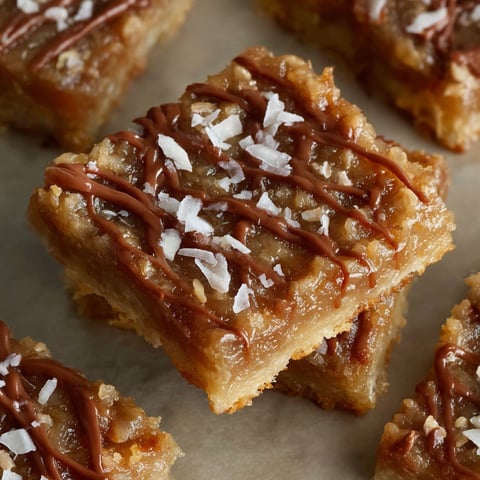 A close up of a caramel coconut bar.