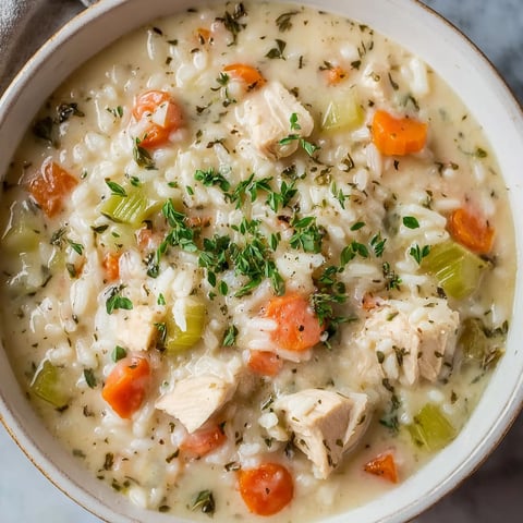 A bowl of creamy chicken and rice soup.
