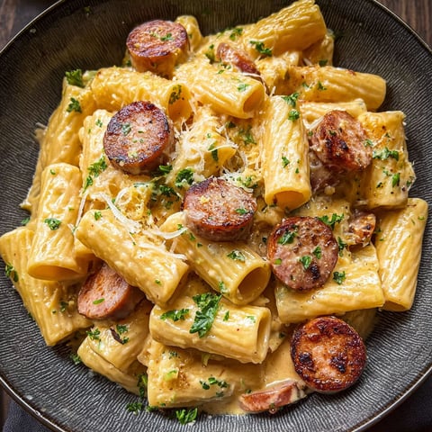 A plate of pasta with sausage on top.