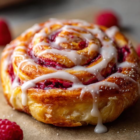 A cinnamon roll with a lemon glaze and raspberries on top.