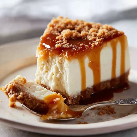 A slice of cheesecake with caramel sauce on a plate.