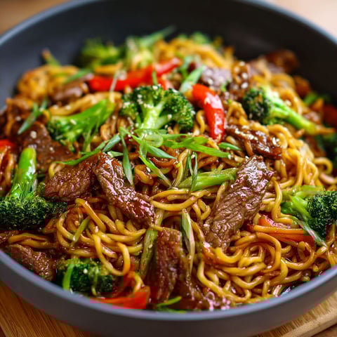 A bowl of beef noodles with broccoli and peppers.
