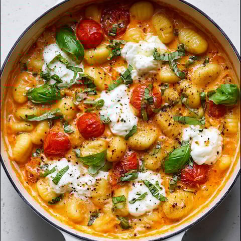 A bowl of creamy tomato gnocchi with burrata.