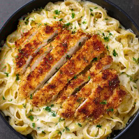 A bowl of fettuccine alfredo with chicken.