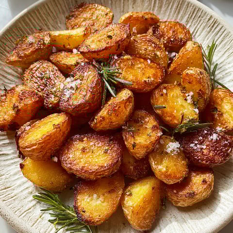 A plate of fried potatoes with herbs and garlic.
