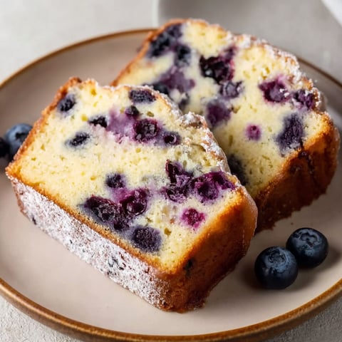 A slice of blueberry cake with powdered sugar on top.