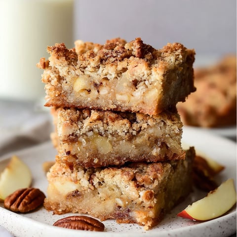 A stack of brownies with nuts on top.