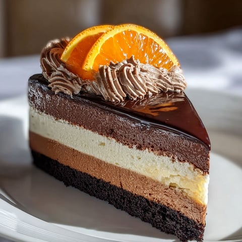 A slice of chocolate orange cheesecake.