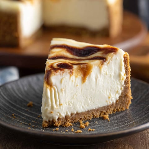 A slice of cheesecake with caramel drizzle.