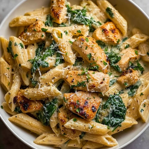A bowl of pasta with chicken and cheese.