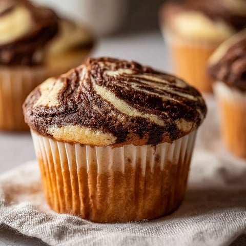 A cupcake with chocolate frosting and white stripes.
