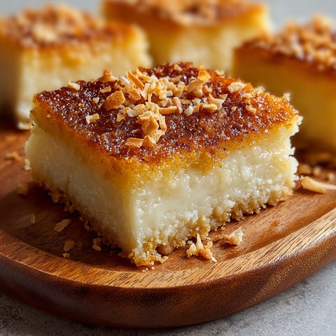 A square piece of coconut mochi cake.