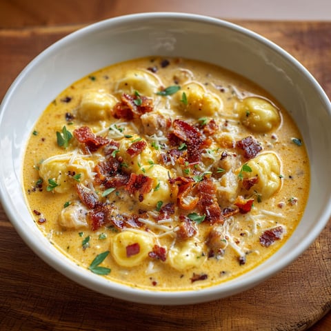 A bowl of soup with bacon and cheddar gnocchi.