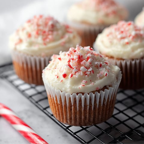 A tray of candy cane cupcakes.
