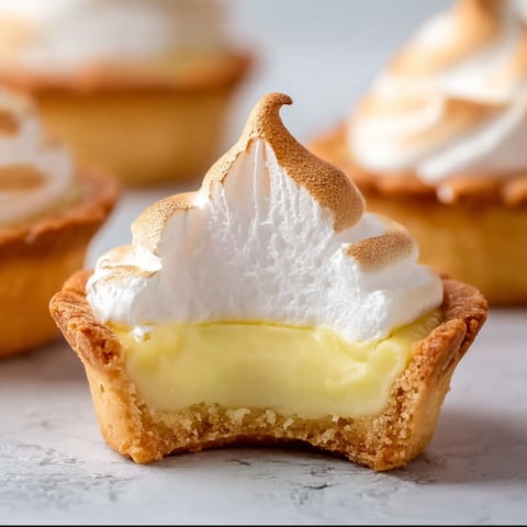 A close up of a mini lemon meringue tart.