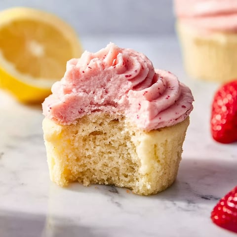 A slice of a cupcake with strawberry frosting.