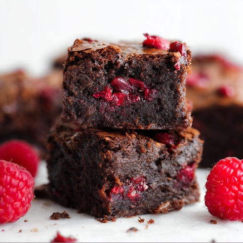 A close up of a delicious chocolate brownie with raspberries on top.