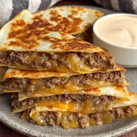 A plate of cheeseburger quesadillas with a side of dip.
