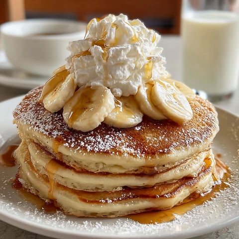 A stack of banana pancakes with whipped cream on top.