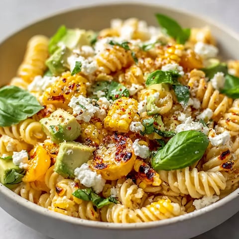 A bowl of cremiger street corn nudelsalat.