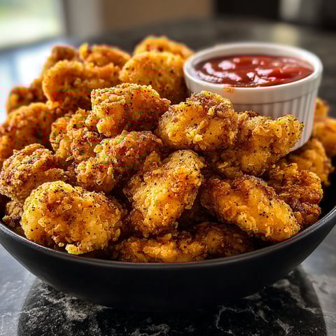 A bowl of popcorn chicken with a dipping sauce.
