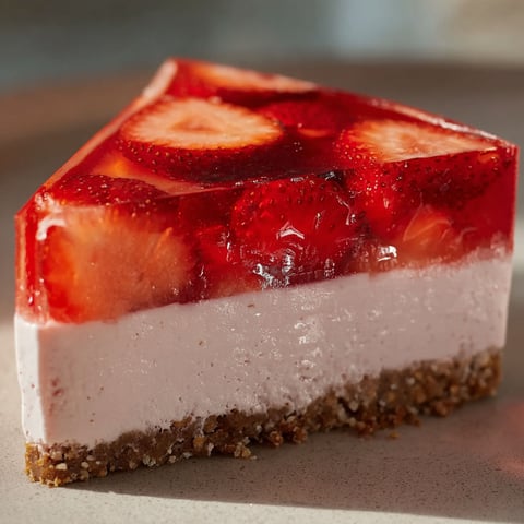A slice of strawberry cheesecake on a plate.