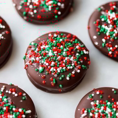 Chocolate peanut butter stacks with sprinkles.