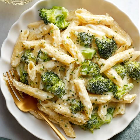 A plate of pasta with broccoli and cheese.