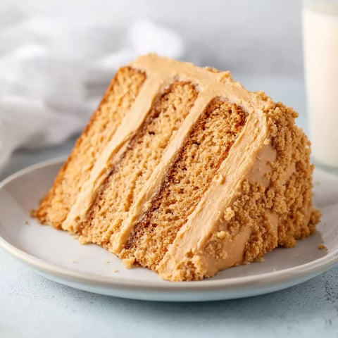 A slice of Biscoff cake on a plate.