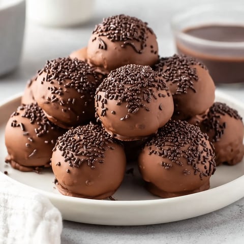 A plate of chocolate truffles with chocolate chips on top.