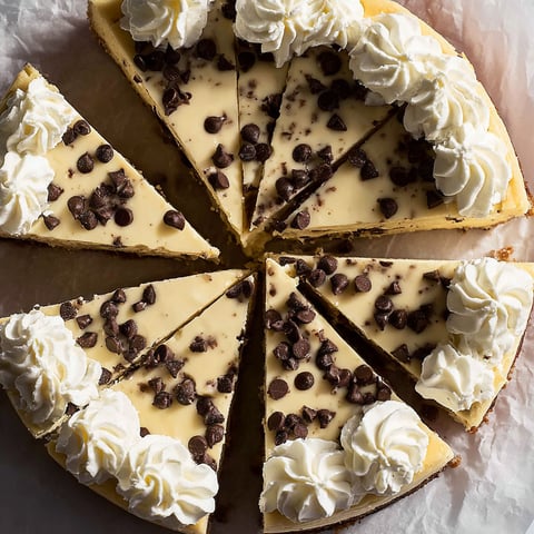A slice of chocolate chip cheesecake.