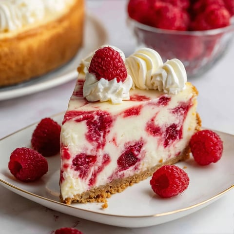 A slice of no-bake white chocolate raspberry cheesecake.