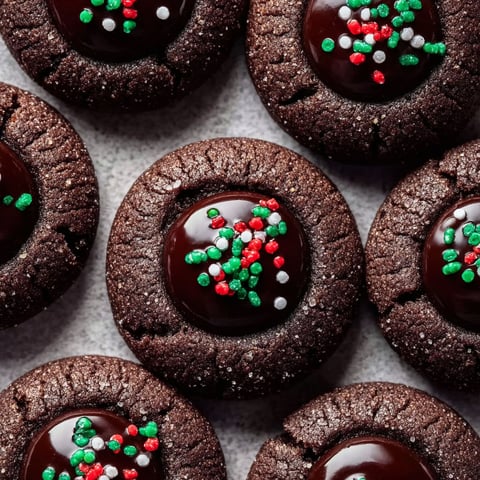 A close up of chocolate thumbprint cookies.