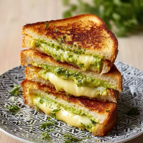 A stack of grilled cheese sandwiches with avocado.