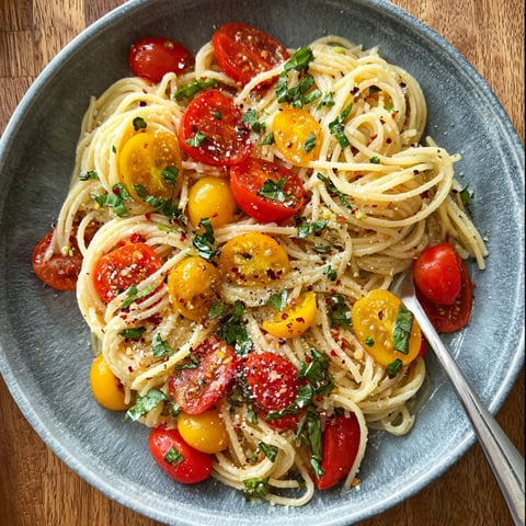 A bowl of pasta with tomatoes and basil.