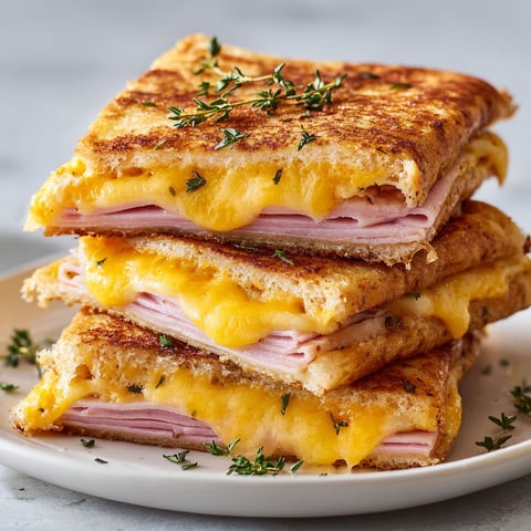 A stack of sandwiches with cheese and ham.