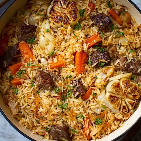 A bowl of rice with meat and vegetables.