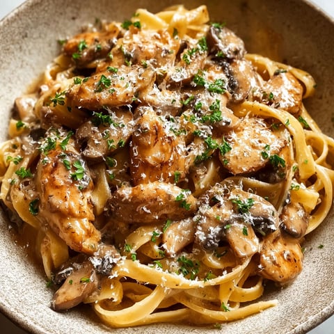 A bowl of chicken-marsala-pasta.