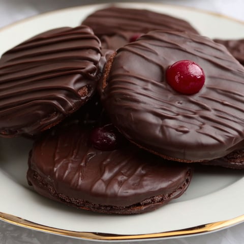 A plate of chocolate cookies with a cherry on top.