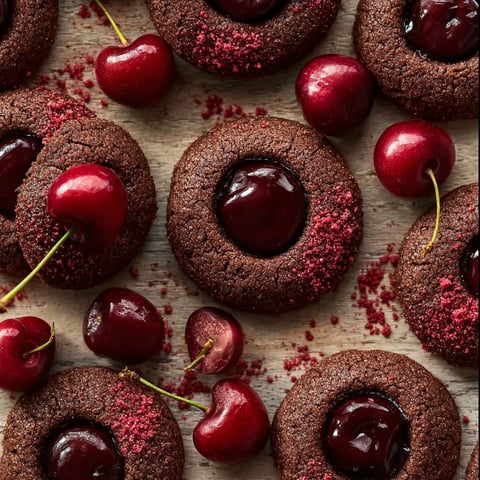 A close up of a chocolate cookie with cherries on top.