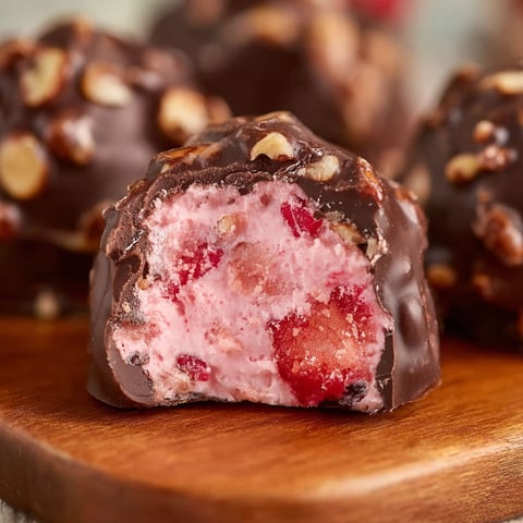 A close up of a chocolate candy with a cherry in the middle.