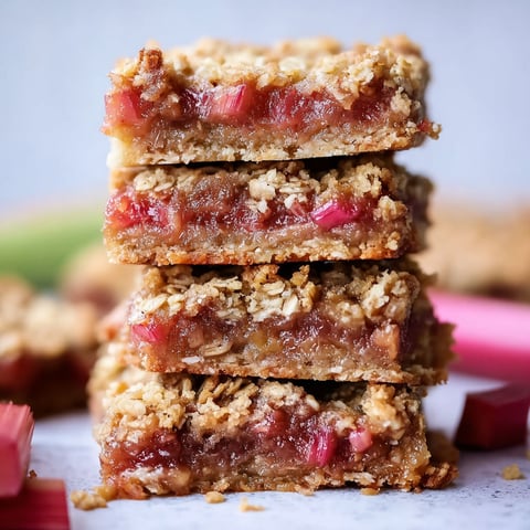 A stack of Amish Hafer-Rhabarber-Riegel mit Streuseln.